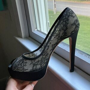 Christian Dior black lace and satin peep-toe platform pumps